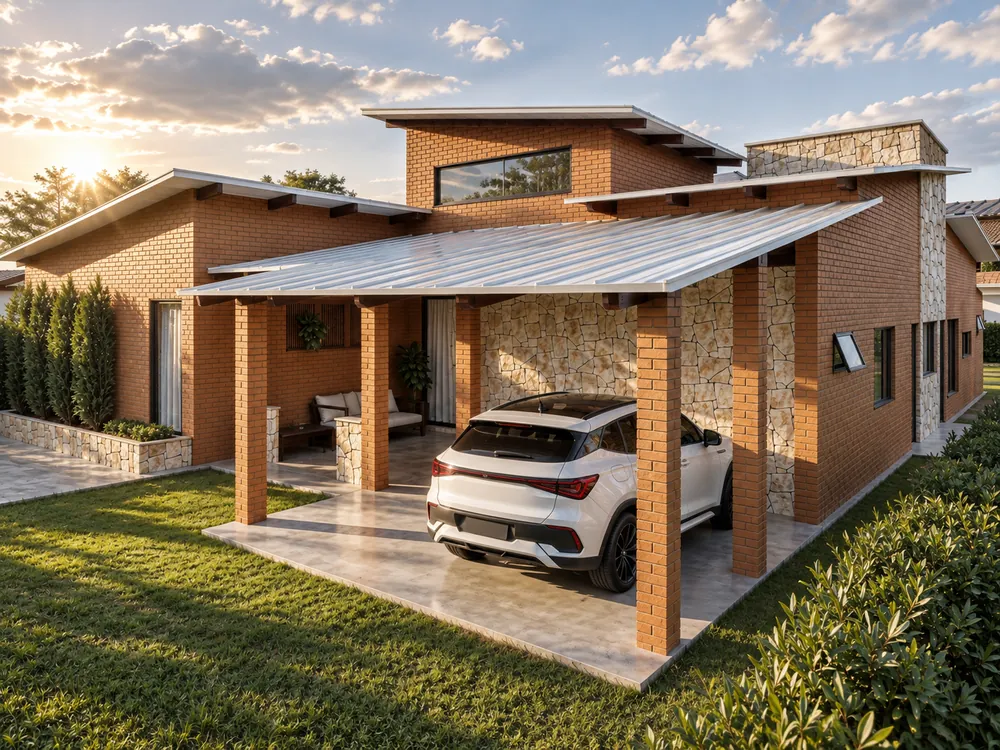 Garagem coberta integrada ao volume da casa, com piso pavimentado e faixas de grama entre as placas