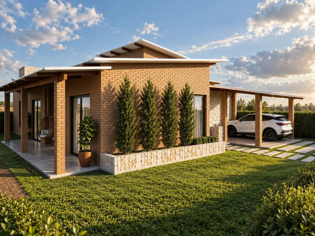 Jardim lateral com caminho pavimentado e vegetação junto à fachada