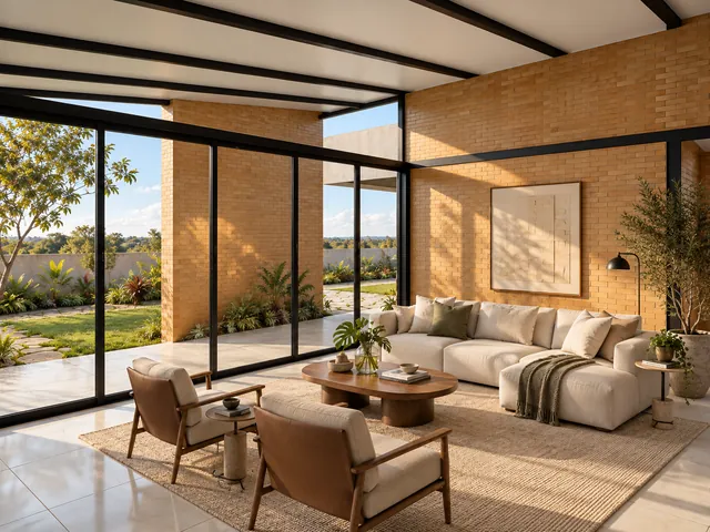 Sala de estar com parede de tijolo aparente, estrutura metálica escura no teto e grandes panos de vidro abertos para o jardim