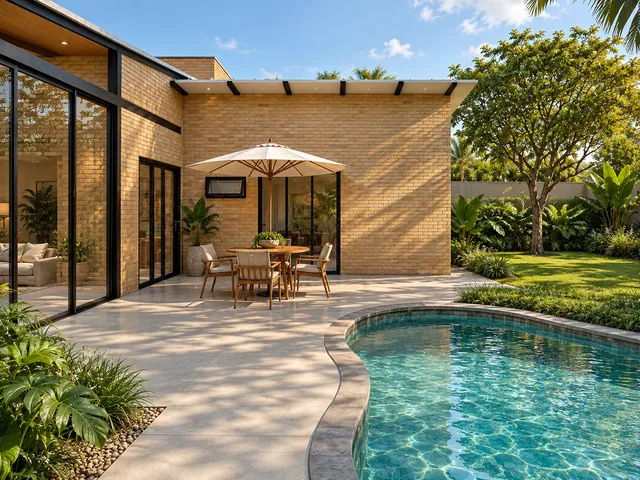 Mesa com guarda-sol no deck claro entre as portas de vidro da casa e a piscina, com jardim e árvores ao fundo