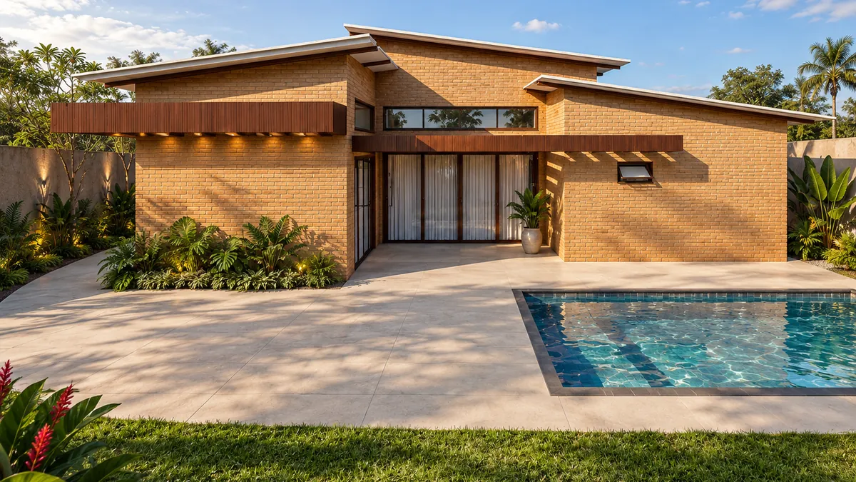 Casa Elo: fachada térrea em tijolo ecológico aparente com marquises amadeiradas, portas envidraçadas e piscina.