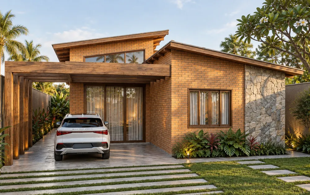 Casa Horizonte ao entardecer: volume em tijolo ecológico com cobertura inclinada, pergolado de madeira sobre a vaga coberta e jardim tropical