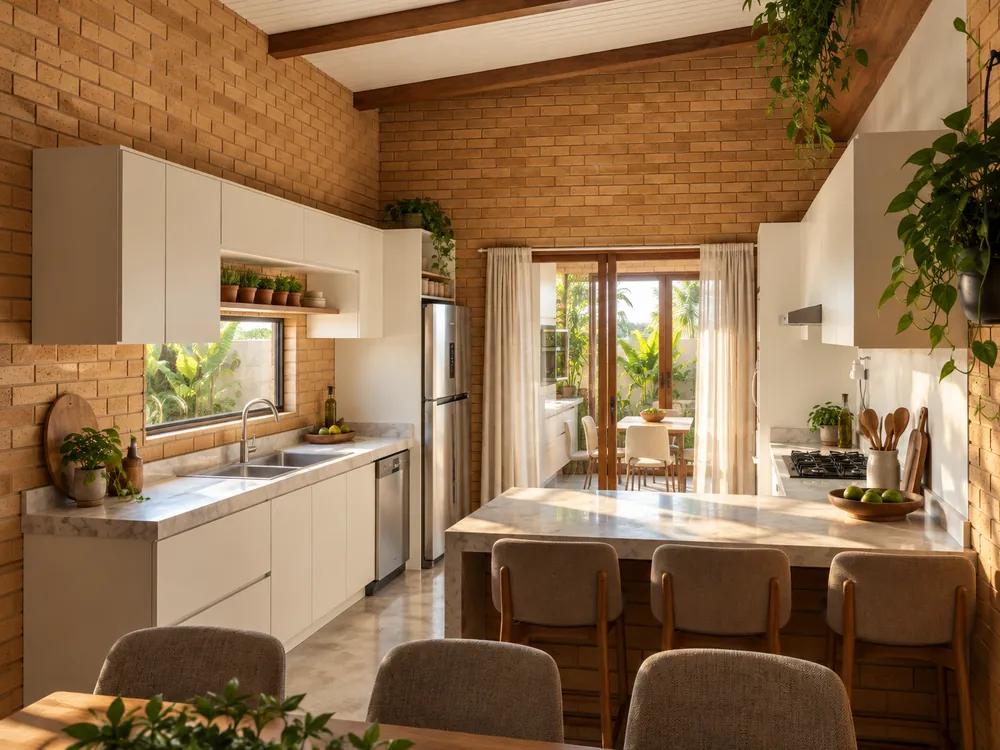 Cozinha clara com ilha, bancos, mesa de jantar ao fundo e portas de vidro para o jardim, com paredes de tijolo aparente e vigas de madeira