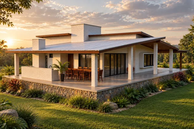 Casa Vereda vista do jardim, com a grande cobertura sobre o deck, a mesa do gourmet sob a varanda e a base revestida de pedra