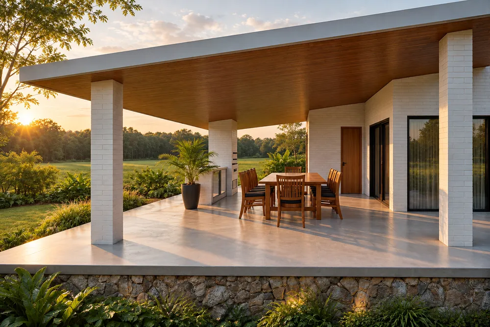 Varanda gourmet com forro de madeira, pilares de tijolo claro, mesa longa e vista aberta para o campo ao entardecer