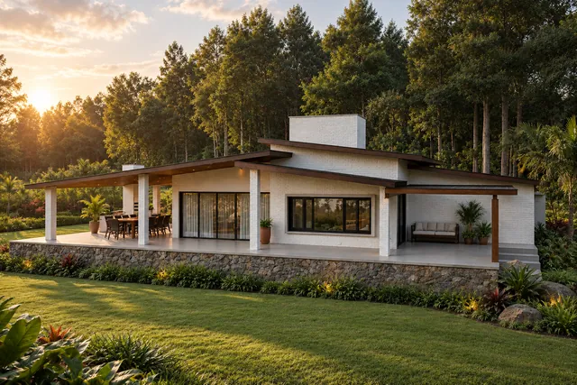 Casa Vereda diante de uma mata alta, com o deck coberto, a mesa do gourmet e uma varanda com sofá na extremidade