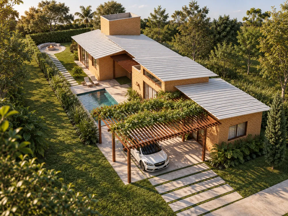 Vista aérea da Casa Vieira: volumes de tijolo ecológico com coberturas claras, pergolado sobre a garagem, piscina ao lado da casa, caminho de pedras até o fogo de chão e grande área verde ao redor