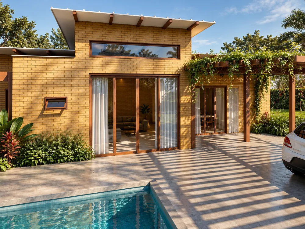 Fachada de tijolo com janela alta horizontal e grandes portas de vidro que revelam a sala, junto à borda da piscina